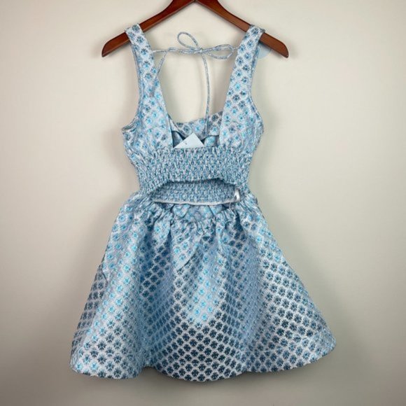 Hill House The Cher Metallic A Line Mini Dress Snowflake Brocade Blue/ White S - Picture 4 of 10